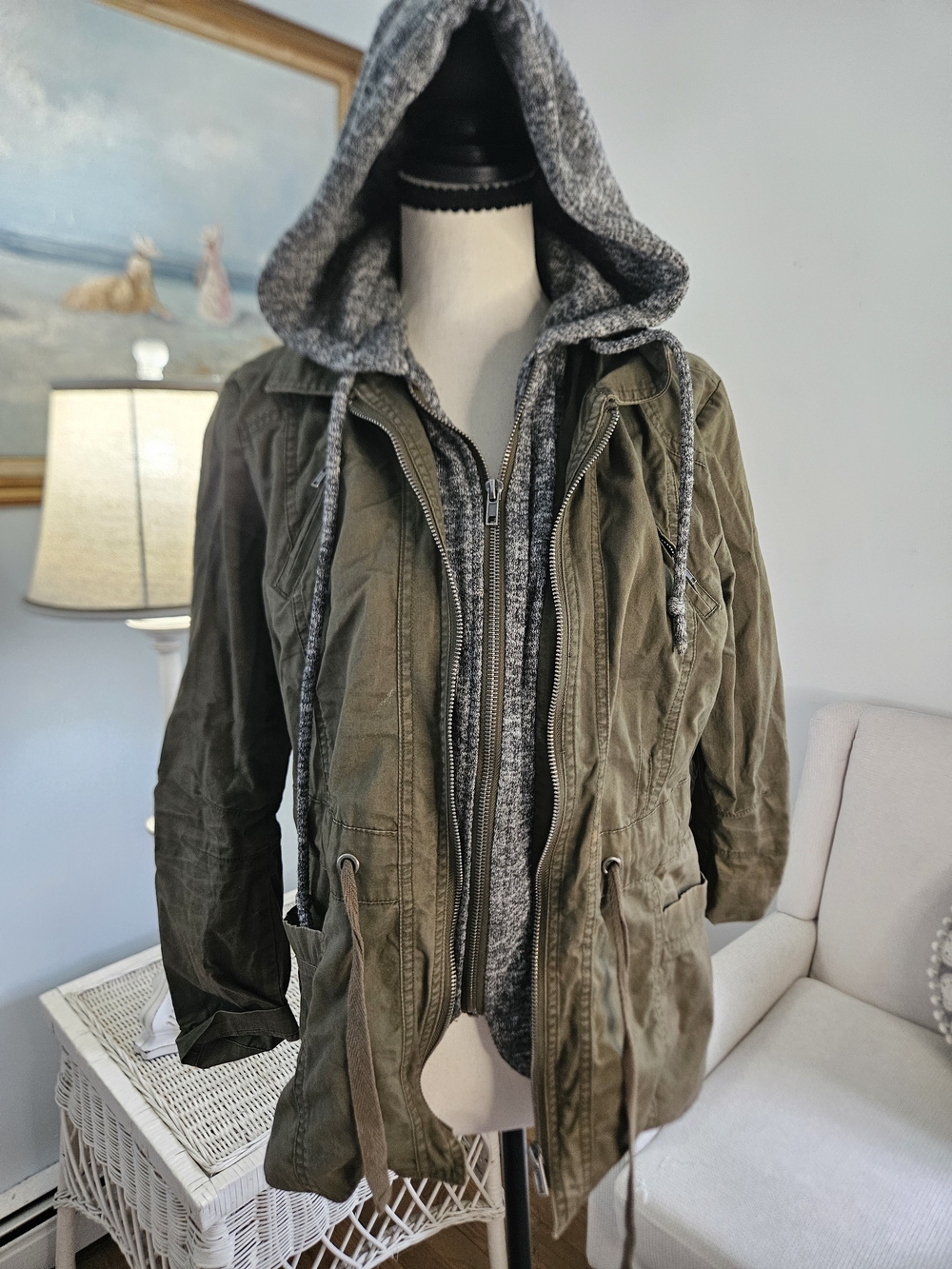 Love Tree Olive Green Military-Style Hooded Jacket with Gray Knit Liner